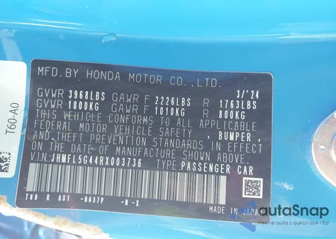 2024 Honda Civic Type R z USA, uszkodzony, nr VIN JHMFL5G44RX003736